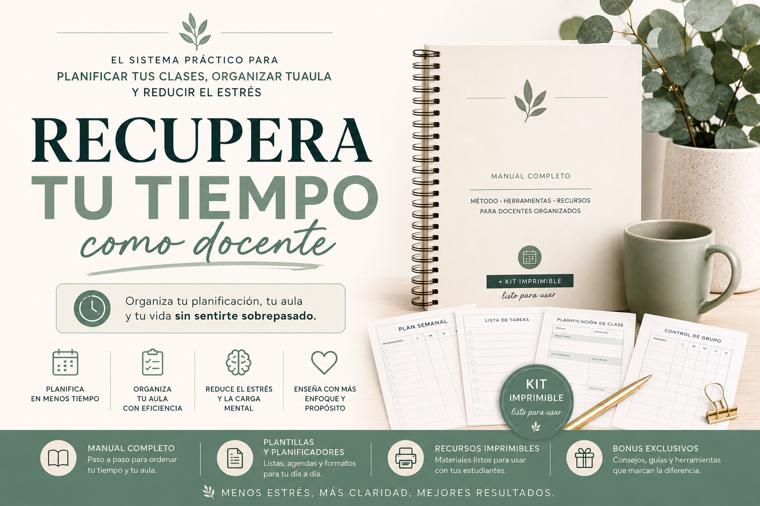 Respira Profe, Organiza tu trabajo y recupera tu tranquilidad; Manual digital + Kit de Planificación Docente